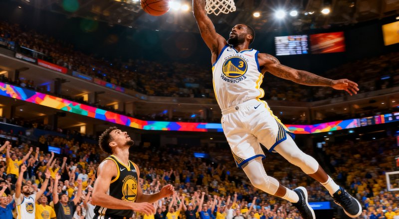 NBA总决赛现场，一名球员飞身扣篮的精彩瞬间，身体在空中充分伸展，篮球即将被砸入篮筐，对手防守球员仰望空中，现场观众全体起立欢呼。